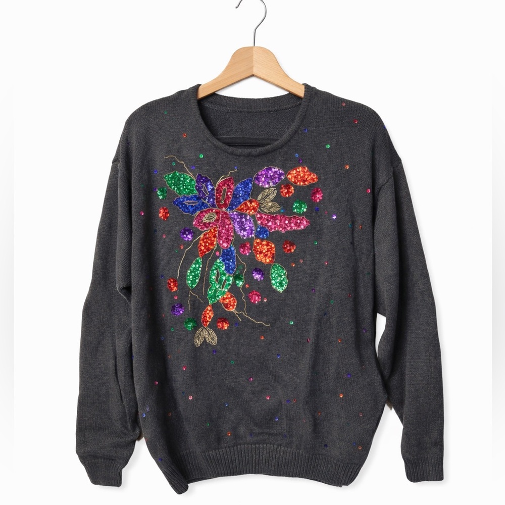 Celina Yang Black Floral Sequin Sweater Medium Vintage Embellished Statement